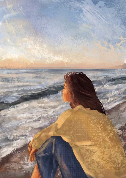 Woman Sea Contemplating Waves Art Print Abstract Minimal Background Bohemian — Stock Photo, Image