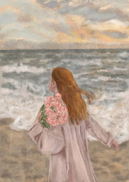 Woman Running Seashore Modern Boho Pink Sea Waves Art Print — Stock Photo, Image