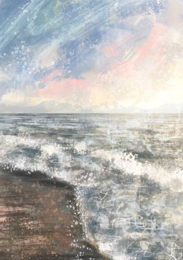 Dalgalar Sanat Yazıcılı Modern Boho Sea Beach. Soyut Minimal Arkaplan. Bohem basılabilir duvar resimleri, boho posteri, pastel soyut sanat, manzara çizimi, deniz resmi. Soyut Düzenlemeler.
