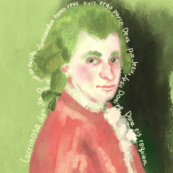 Stilisiertes Porträt Von Amadeus Mozart Profil Beschriftet Mit Worten Aus — Stockfoto