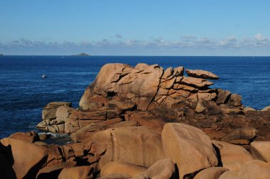 Giant Boulders On The Beautiful Red Rock Coast In Ploumanach In Bretagne France On A Beautiful Sunny Summer Day With A Clear Blue Sky