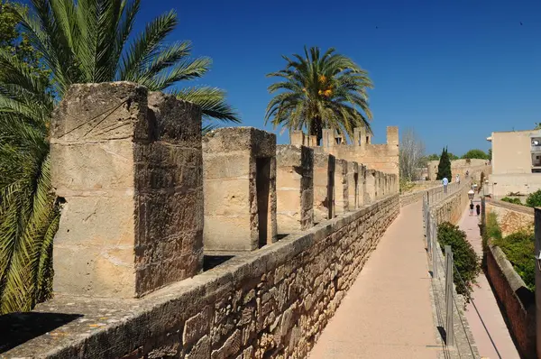Walking Historic City Wall Alcudia Mallorca Wonderful Sunny Spring Day Stock Image