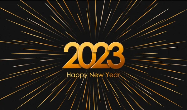 黑色背景的2023年新年快乐金烟花 体积金黄数字 矢量图解 — 图库照片