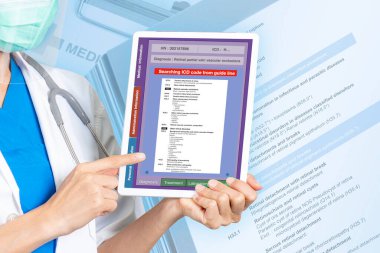 Female doctor holding digital tablet showing search result of ICD-10 code with ICD handbook on background. clipart