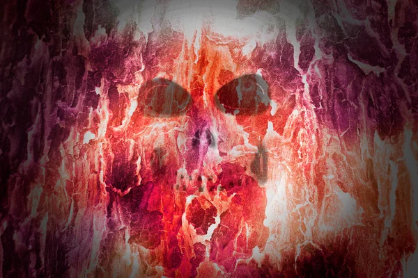 骷髅的轮廓隐藏在火热的表面和红色的背景中 在万圣节的时候 它们是富有想象力的装饰品 — 图库照片