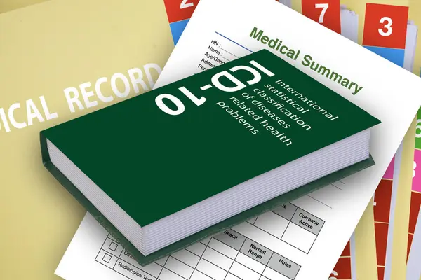 stock image ICD-10 diseases classification manuals book on top of medical record folder and blank patient summary form.