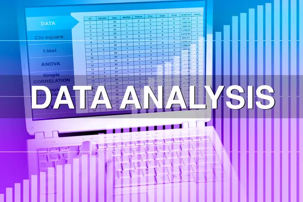 Birisinin resmi veri analizi için veri analiz pankartı olan dizüstü bilgisayarı kullanarak veri analizi yapıyor..