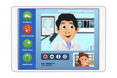 İnternet üzerinden dijital tablet üzerinden doktor görüntülerini kullanan kadın hastaların çizgi film grafiği..