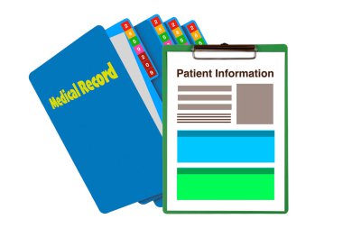 Hasta bilgileri pano ve tıbbi kayıtlar beyaz arka plandaki klasörde.