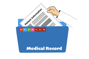 Biri beyaz arka planda açılan tıbbi kayıt klasöründen hasta bilgilerini alsın..