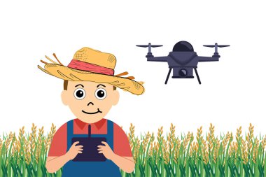 Coltrol Drone 'a uzaktan kumandalı çiftçinin beyaz arka planda çiftlikteki pirinci sularken çekilmiş bir karikatür resmi..