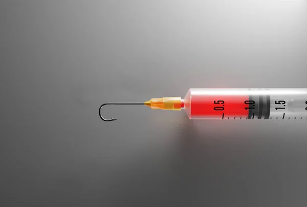 針のための釣りのホックが付いている医学の注射器 薬物乱用 医療詐欺の概念 デジタル3Dレンダリング — ストック写真