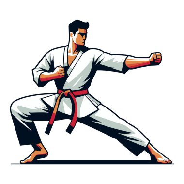 Erkek tekvando sporcusu, tüm vücut vektör illüstrasyonu, erkek tekvando dövüş sanatları oyuncusu, tekme atma tekniği, dövüş sporu. Beyaz arkaplanda izole edilmiş tasarım şablonu