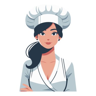 Güzel kadın maskot logosu çizimi, şapka ve şef üniforması olan kadın karakter restoran iş konsepti, beyaz arka planda izole edilmiş tasarım şablonu. 