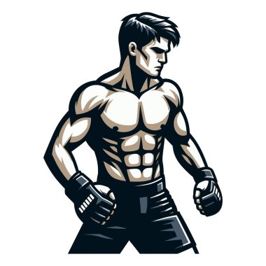 Dövüş sanatları sporcusu yarı vücut tasarımı çizimi, MMA spor dövüşçüsü, sekizgen dövüş, tekme atma, yumrukla yumruk atma. Beyaz arkaplanda izole edilmiş vektör şablonu