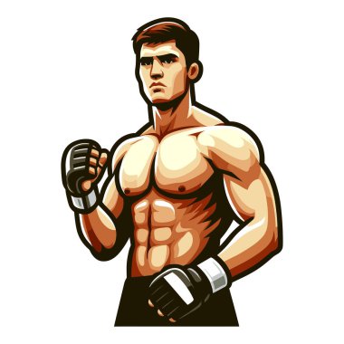 Dövüş sanatları sporcusu yarı vücut tasarımı çizimi, MMA spor dövüşçüsü, sekizgen dövüş, tekme atma, yumrukla yumruk atma. Beyaz arkaplanda izole edilmiş vektör şablonu