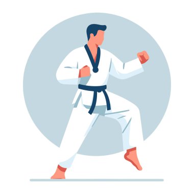 Erkek tekvando sporcusu tüm vücut tasarımı çizimi, erkek tekvando dövüş sanatları oyuncusu dövüş sporu, tekme atma tekniği. Beyaz arkaplanda izole edilmiş tasarım şablonu
