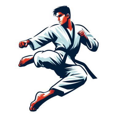 Erkek tekvando sporcusu, tüm vücut vektör illüstrasyonu, erkek tekvando dövüş sanatları oyuncusu, tekme atma tekniği, dövüş sporu. Beyaz arkaplanda izole edilmiş tasarım şablonu