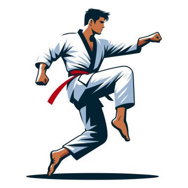 Erkek tekvando sporcusu tüm vücut tasarımı çizimi, erkek tekvando dövüş sanatları oyuncusu dövüş sporu, tekme atma tekniği. Beyaz arkaplanda izole edilmiş tasarım şablonu