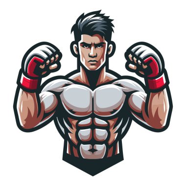 Adam karma dövüş sanatları sporcusu yarı vücut vektör çizimi, MMA spor dövüşçüsü, sekizgen dövüşü, yumrukla yumruk atma, tekme atma. Beyaz arkaplanda izole edilmiş tasarım şablonu