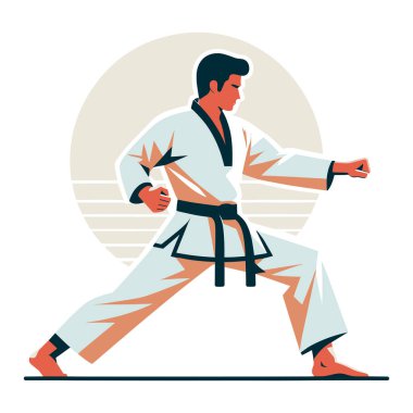 Erkek tekvando sporcusu tüm vücut tasarımı çizimi, erkek tekvando dövüş sanatları oyuncusu dövüş sporu, tekme atma tekniği. Beyaz arkaplanda izole edilmiş tasarım şablonu