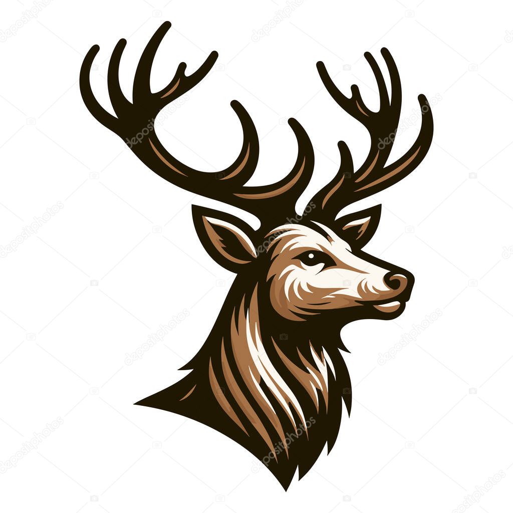 Deer head face design illustration, reindeer head with antlers logo mascot illustration, wild mammal animal concept. Vector template isolated on white background