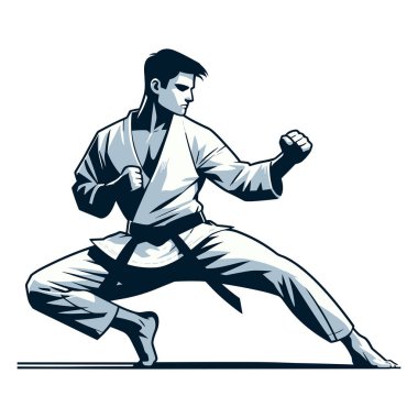 Erkek tekvando sporcusu, tüm vücut vektör illüstrasyonu, erkek tekvando dövüş sanatları oyuncusu, tekme atma tekniği, dövüş sporu. Beyaz arkaplanda izole edilmiş tasarım şablonu