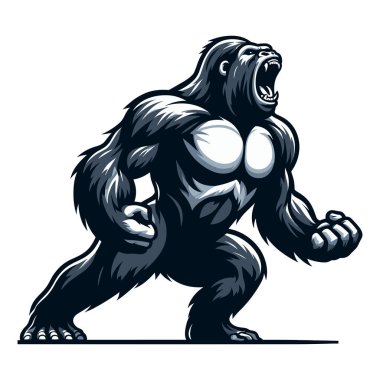 Vahşi kızgın goril tam vücut vektör illüstrasyonu, primat hayvan zoolojisi element çizimi, gürleyen büyük maymun konsepti, beyaz arka planda izole edilmiş tasarım şablonu. 