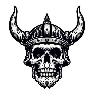 Boynuzlu miğfer illüstrasyonlu Viking kafatası İskandinav savaşçısı tişört, dövme ve logo tasarımı için uygun. Tasarım şablonu beyaz arkaplanda izole edildi  