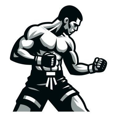 Adam karma dövüş sanatları sporcusu yarı vücut vektör çizimi, MMA spor dövüşçüsü, sekizgen dövüşü, yumrukla yumruk atma, tekme atma. Beyaz arkaplanda izole edilmiş tasarım şablonu