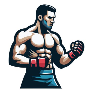 Dövüş sanatları sporcusu yarı vücut tasarımı çizimi, MMA spor dövüşçüsü, sekizgen dövüş, tekme atma, yumrukla yumruk atma. Beyaz arkaplanda izole edilmiş vektör şablonu
