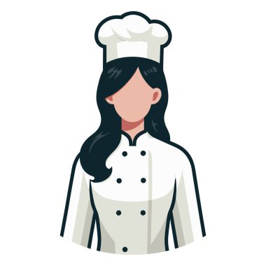 Güzel kadın maskot logosu çizimi, şapka ve şef üniforması olan kadın karakter restoran iş konsepti, beyaz arka planda izole edilmiş tasarım şablonu. 