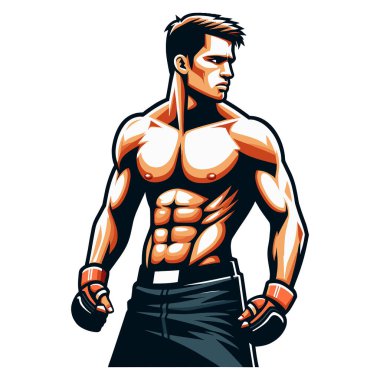 Adam karma dövüş sanatları sporcusu yarı vücut vektör çizimi, MMA spor dövüşçüsü, sekizgen dövüşü, yumrukla yumruk atma, tekme atma. Beyaz arkaplanda izole edilmiş tasarım şablonu