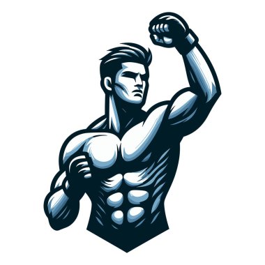 Dövüş sanatları sporcusu yarı vücut tasarımı çizimi, MMA spor dövüşçüsü, sekizgen dövüş, tekme atma, yumrukla yumruk atma. Beyaz arkaplanda izole edilmiş vektör şablonu