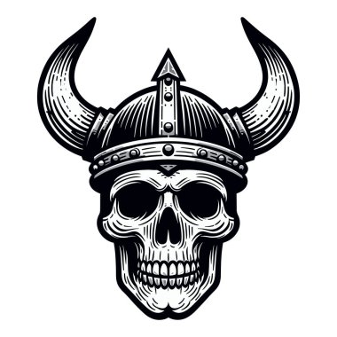 Boynuzlu miğfer illüstrasyonlu Viking kafatası İskandinav savaşçısı tişört, dövme ve logo tasarımı için uygun. Tasarım şablonu beyaz arkaplanda izole edildi  