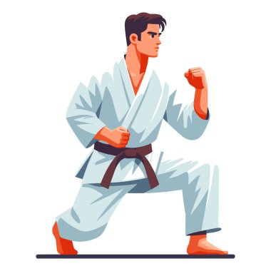 Erkek tekvando sporcusu tüm vücut tasarımı çizimi, erkek tekvando dövüş sanatları oyuncusu dövüş sporu, tekme atma tekniği. Beyaz arkaplanda izole edilmiş tasarım şablonu