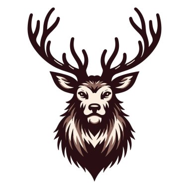 Geyik başlı vektör çizimi, boynuzlu geyik kafası logo maskotu çizimi, vahşi memeli hayvan konsepti. Tasarım şablonu beyaz arkaplanda izole edildi 
