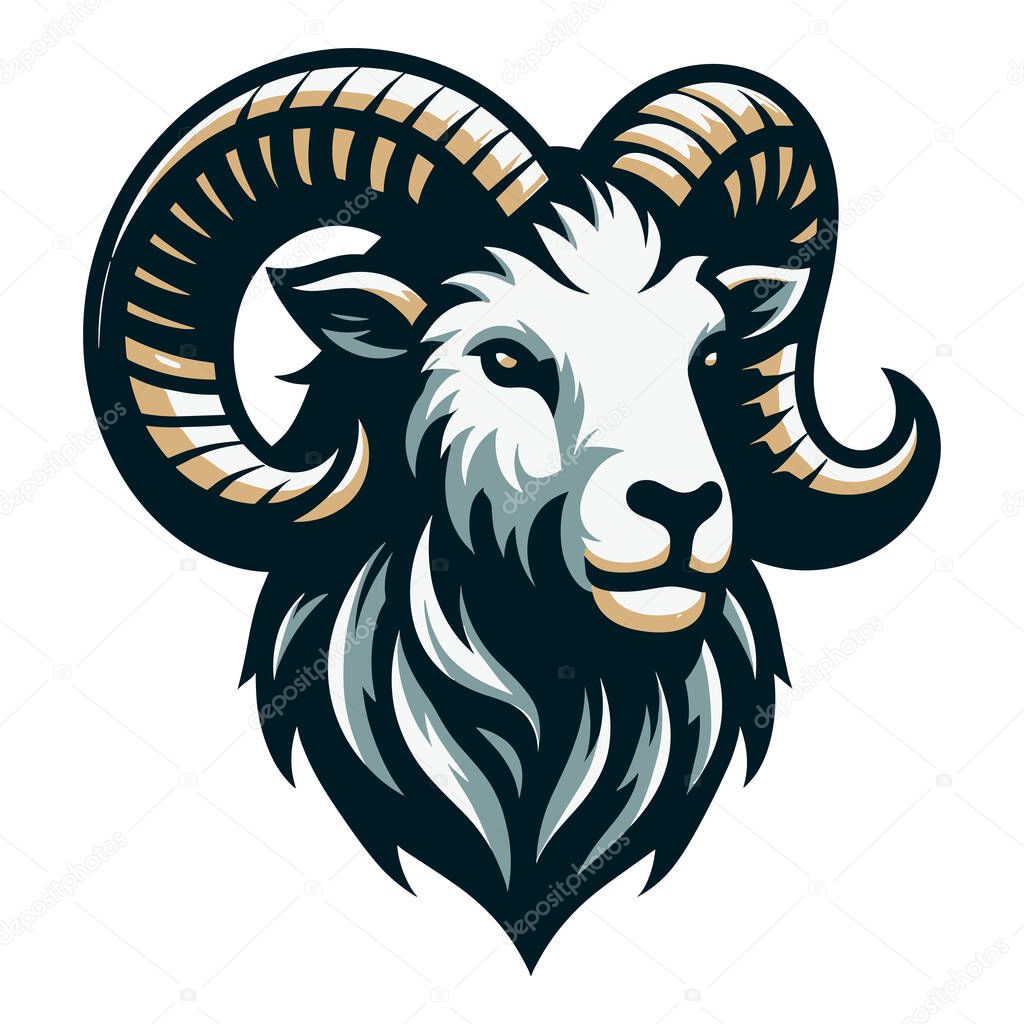 Bighorn horned ram sheep head face vector illustration, farm pet, animal livestock, butchery meat shop element, agriculture concept, design isolated on white background