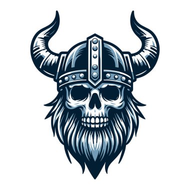 Boynuz tasarımı illüstrasyonlu Viking kafatası İskandinav savaşçısı tişört, dövme ve logo tasarımı için uygun. Beyaz arkaplanda vektör şablonu izole edildi  