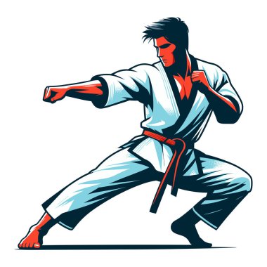 Erkek tekvando sporcusu, tüm vücut vektör illüstrasyonu, erkek tekvando dövüş sanatları oyuncusu, tekme atma tekniği, dövüş sporu. Beyaz arkaplanda izole edilmiş tasarım şablonu