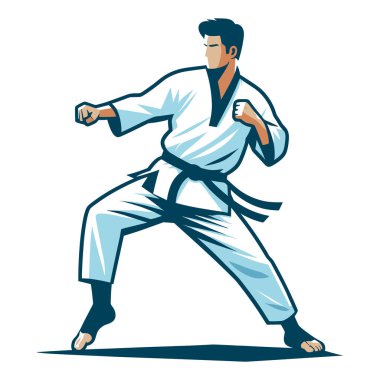 Erkek tekvando sporcusu, tüm vücut vektör illüstrasyonu, erkek tekvando dövüş sanatları oyuncusu, tekme atma tekniği, dövüş sporu. Beyaz arkaplanda izole edilmiş tasarım şablonu