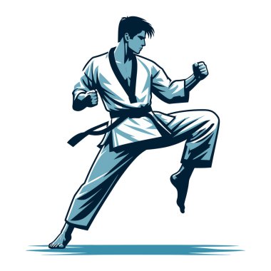 Erkek tekvando sporcusu tüm vücut tasarımı çizimi, erkek tekvando dövüş sanatları oyuncusu dövüş sporu, tekme atma tekniği. Beyaz arkaplanda izole edilmiş tasarım şablonu