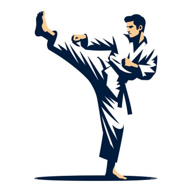 Erkek tekvando sporcusu tüm vücut tasarımı çizimi, erkek tekvando dövüş sanatları oyuncusu dövüş sporu, tekme atma tekniği. Beyaz arkaplanda izole edilmiş tasarım şablonu