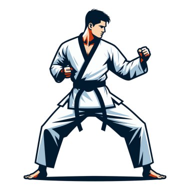 Erkek tekvando sporcusu tüm vücut tasarımı çizimi, erkek tekvando dövüş sanatları oyuncusu dövüş sporu, tekme atma tekniği. Beyaz arkaplanda izole edilmiş tasarım şablonu