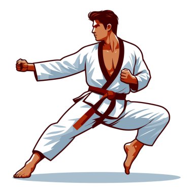 Erkek tekvando sporcusu tüm vücut tasarımı çizimi, erkek tekvando dövüş sanatları oyuncusu dövüş sporu, tekme atma tekniği. Beyaz arkaplanda izole edilmiş tasarım şablonu