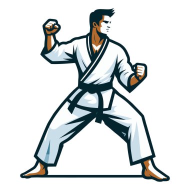 Erkek tekvando sporcusu, tüm vücut vektör illüstrasyonu, erkek tekvando dövüş sanatları oyuncusu, tekme atma tekniği, dövüş sporu. Beyaz arkaplanda izole edilmiş tasarım şablonu
