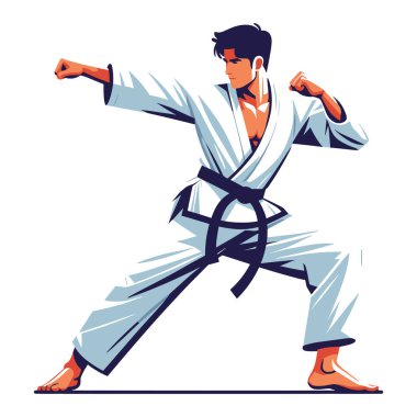 Erkek tekvando sporcusu tüm vücut tasarımı çizimi, erkek tekvando dövüş sanatları oyuncusu dövüş sporu, tekme atma tekniği. Beyaz arkaplanda izole edilmiş tasarım şablonu