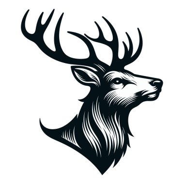 Geyik kafası tasarımı çizimi, boynuzlu geyik kafası logo maskotu çizimi, vahşi memeli hayvan konsepti. Beyaz arkaplanda vektör şablonu izole edildi 