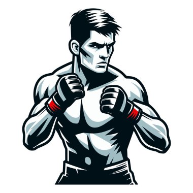 Dövüş sanatları sporcusu yarı vücut tasarımı çizimi, MMA spor dövüşçüsü, sekizgen dövüş, tekme atma, yumrukla yumruk atma. Beyaz arkaplanda izole edilmiş vektör şablonu