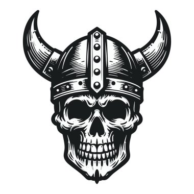 Boynuzlu miğfer illüstrasyonlu Viking kafatası İskandinav savaşçısı tişört, dövme ve logo tasarımı için uygun. Tasarım şablonu beyaz arkaplanda izole edildi  